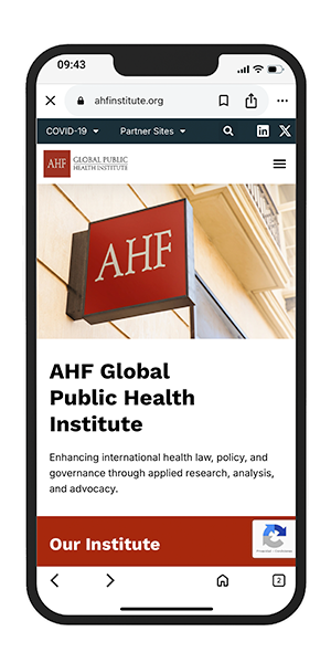 Portada de documento institucional con el título “AHF Global Public Health Institute” y un logotipo rojo en la parte superior.