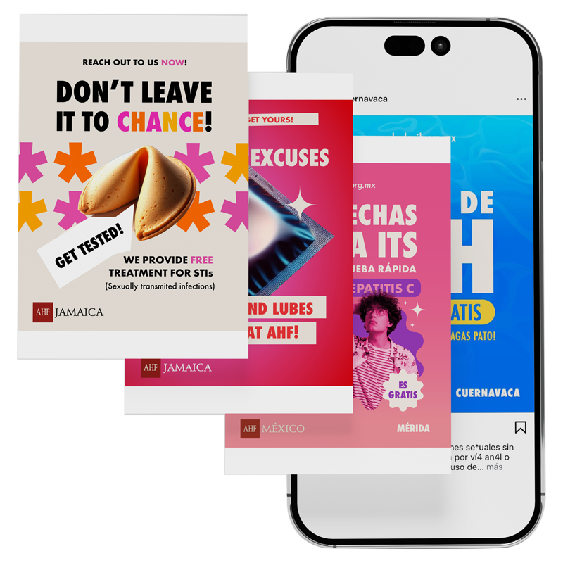 Teléfono móvil mostrando una composición de afiches digitales de campaña con mensajes de prevención y concientización sobre VIH.