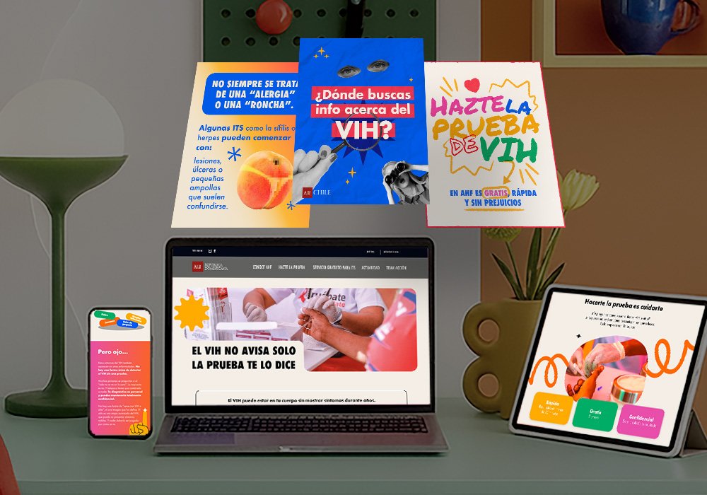 Collage editorial con páginas de un informe del AHF Latam que combinan texto, bloques de color numerados y fotografías.