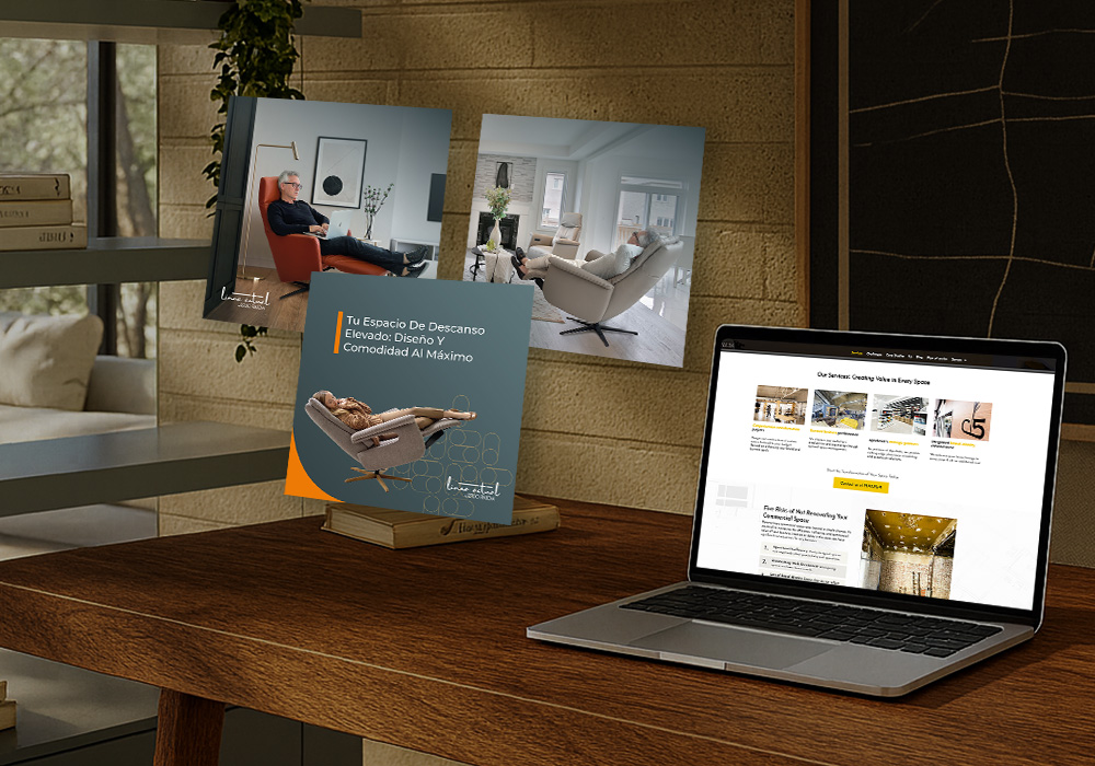 Mesa de trabajo con un cartel impreso de Estudio Funciona y una computadora portátil mostrando el sitio web, en un entorno de interiorismo.