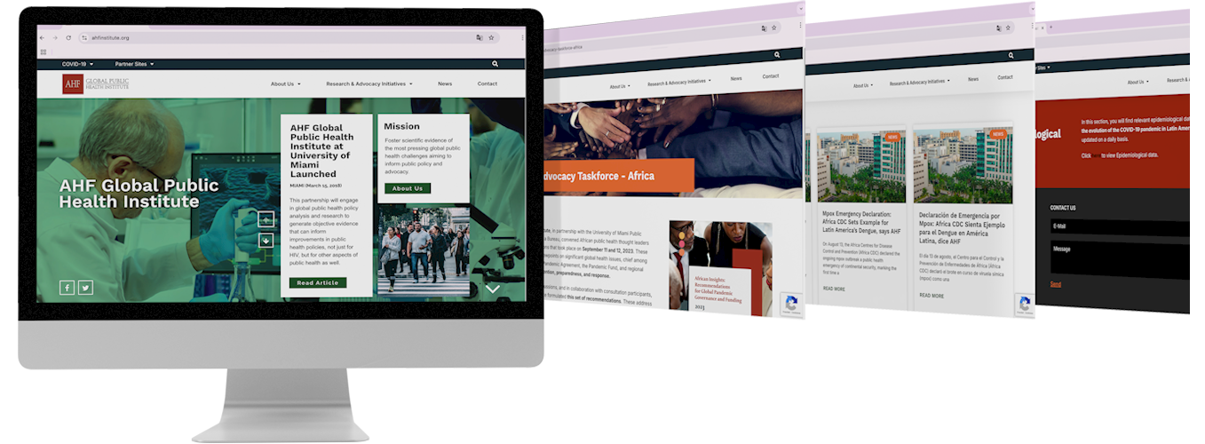 Pantalla digital que muestra una interfaz web con vistas de diseño editorial y contenidos institucionales en distintos dispositivos.