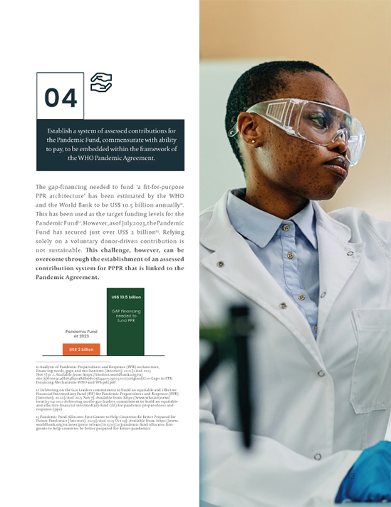 Página de informe con estructura editorial, texto en columnas y fotografía de una profesional de la salud en laboratorio.