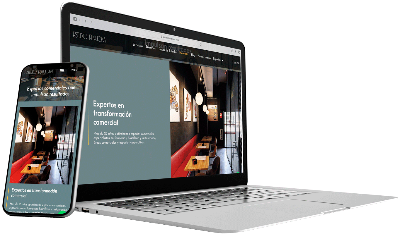 Computadora portátil con el sitio web de Estudio Funciona abierto, mostrando una sección informativa sobre el estudio y su enfoque de trabajo.