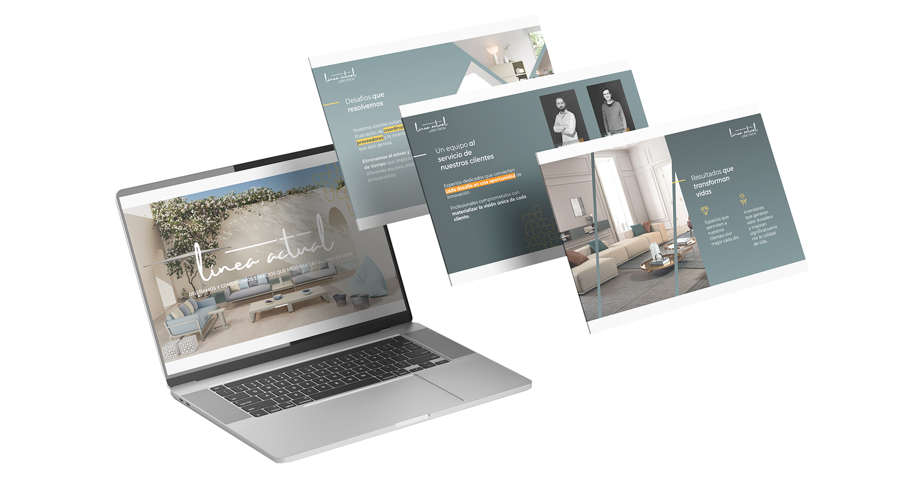 Computadora portátil con pantallas flotantes que muestran un sitio web de interiores y arquitectura, con diseño editorial y fotografías de espacios.