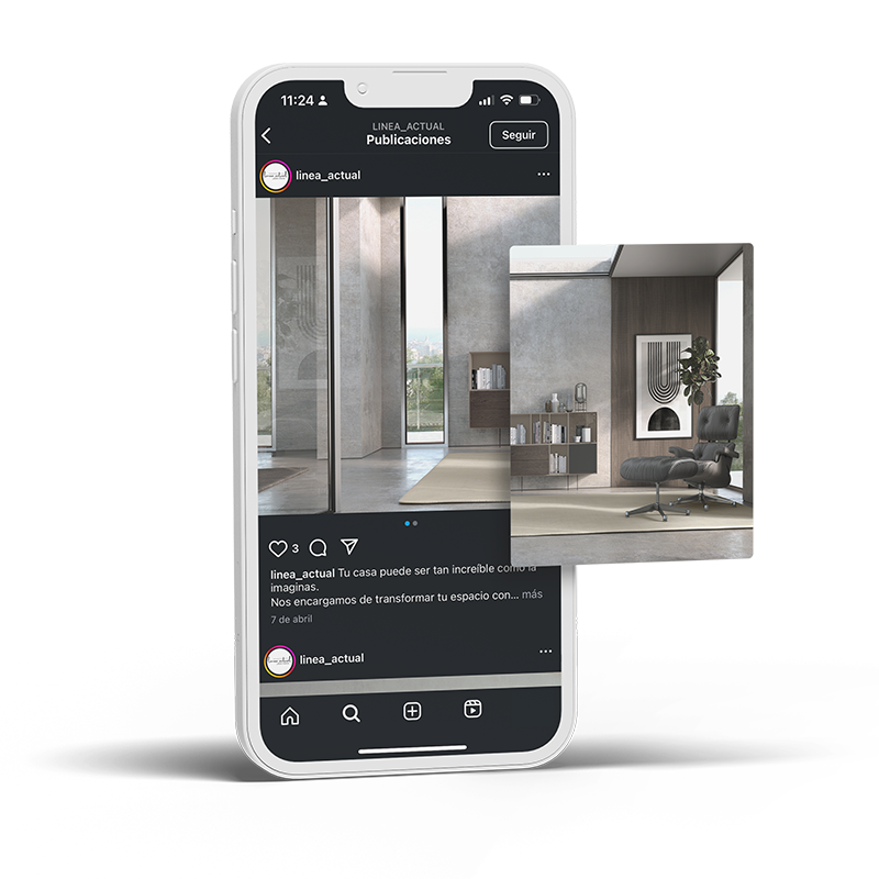 Teléfono móvil mostrando una publicación visual de interiores con elementos de interfaz de red social.