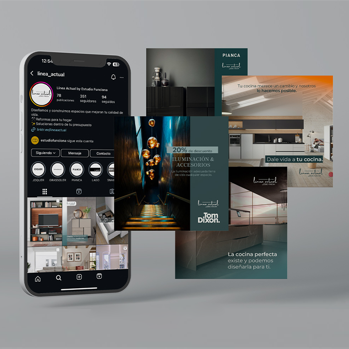 Composición de interfaces digitales en un teléfono móvil con imágenes de interiores y diseño visual oscuro, asociada a la identidad digital de Línea Actual.