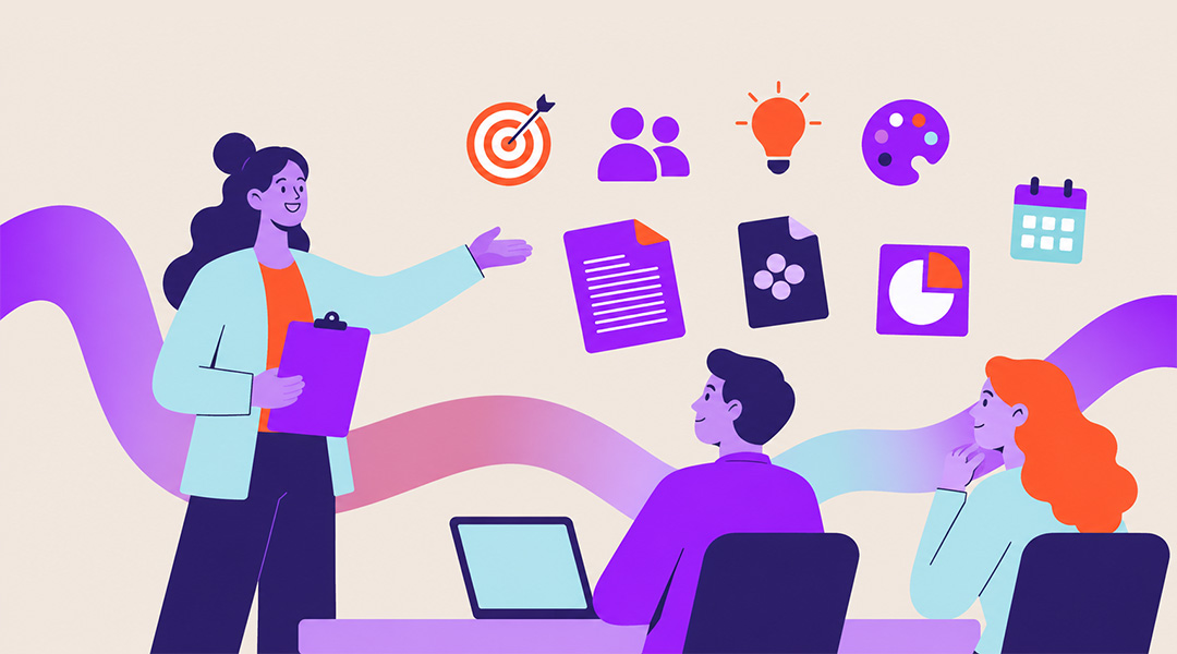 Presenter explains ideas to two colleagues with floating icons: target, people, light bulb, palette, and documents.